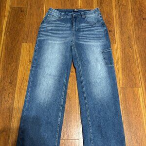 Flamingals Mid Rise Straight Leg Jeans for Women Multi Pocket Stretchy Baggy